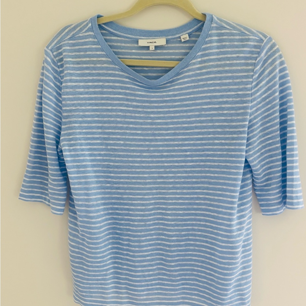 Vince Blue & White Striped V-Neck Tee